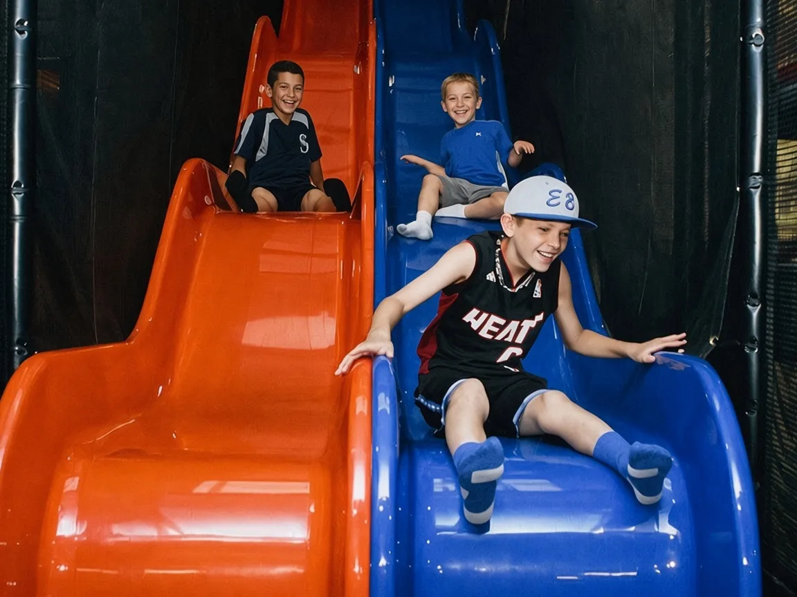 Kids racing down orange and blue indoor slides